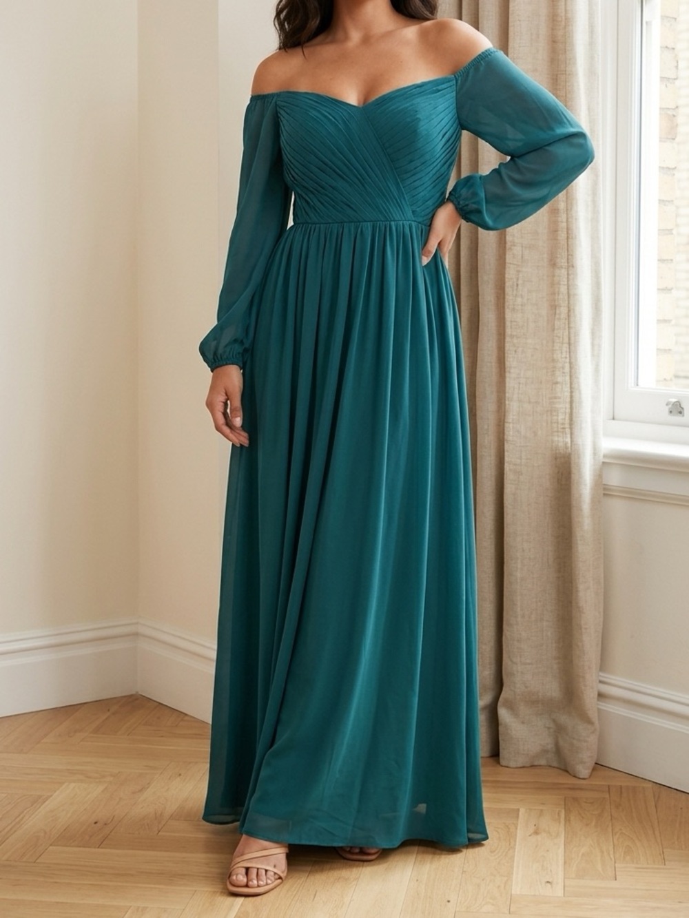 Off Shoulder/Sheer Sleeve Chiffon Evening Dress